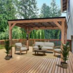 Backyard Discovery Arcadia 12' x 9.5' Cedar Wood Slope Roof Gazebo Patio Pavilion with Black Steel Roof and PowerPort - Image 2