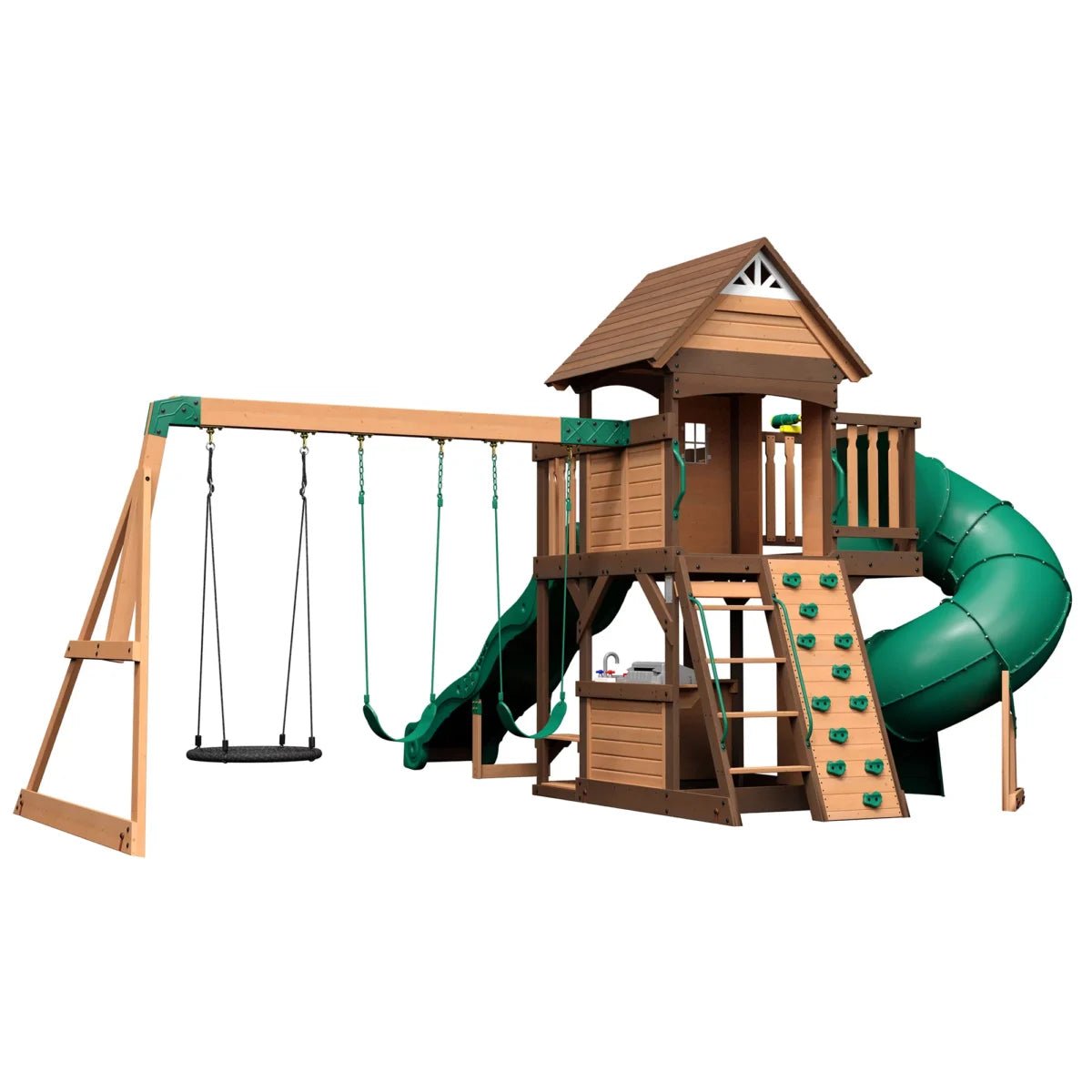 saybrokeeer-product-289-image-1.jpg Backyard Discovery Cedar Cove Cedar Wood Playset Swing Set with Spiral Tube Slide Wave Slide and Lower Playhouse - Image 1