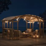 Sunjoy Bellucci 10' x 14' Arched Pergola Light Grey Outdoor Cedar Wood Frame Shelter with Canopy and Built-in Shelves - Image 5