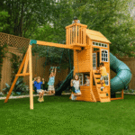 KidKraft Ridgemoor Perch Cedar Wood Outdoor Swing Set with Slide and Rock Wall - Image 2