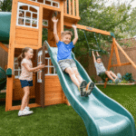 KidKraft Ridgemoor Perch Cedar Wood Outdoor Swing Set with Slide and Rock Wall - Image 4